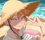  1boy bangs beach closed_mouth commentary day food haikyuu!! hair_between_eyes hat highres hinata_shouyou holding looking_at_viewer male_focus mikuwwwm orange_eyes orange_hair outdoors popsicle portrait sand shirt signature solo spiked_hair straw_hat sweat v water white_shirt 