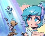  2girls :o bangs bare_shoulders blonde_hair blush collarbone commentary gloves green_hair grey_gloves hair_bun hand_up league_of_legends light multicolored_background multiple_girls official_alternate_costume orianna_(league_of_legends) petals phantom_ix_row robot shiny shiny_hair short_hair single_hair_bun skirt staff star_guardian_orianna symbol-only_commentary teardrop 