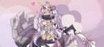  1girl ahoge alternate_costume azur_lane bangs black_scarf blue_eyes blush bow breasts chinese_commentary cleavage clothing_cutout commentary_request covered_mouth dark-skinned_female dark_skin dress feixiuxiu full_body hair_bow heart heart_ahoge heterochromia indianapolis_(azur_lane) long_hair looking_at_viewer mechanical_arms medium_breasts navel navel_cutout pink_bow pink_hair scarf scarf_over_mouth solo strapless strapless_dress twintails very_long_hair white_dress yellow_eyes 