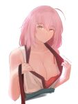  absurdres alternate_hairstyle bra breasts fate/grand_order fate_(series) gnarlypieceofbread hairdressing highres looking_at_viewer okita_souji_(fate) okita_souji_(koha-ace) pink_hair red_bra shirt underwear undressing white_background white_shirt 