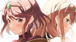  2girls :i bangs blonde_hair blush brown_eyes closed_mouth earrings hair_between_eyes headpiece highres jewelry long_hair looking_at_viewer multiple_girls mythra_(xenoblade) portrait pout pyra_(xenoblade) red_eyes red_hair sephikowa short_hair simple_background tiara twitter_username white_background xenoblade_chronicles_(series) xenoblade_chronicles_2 