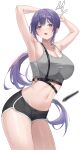  1girl @_@ armpits arms_up bare_arms bare_shoulders black_shorts blue_eyes breasts butterfly_tattoo chest_harness cleavage contrapposto cowboy_shot crop_top dolphin_shorts grey_shirt harness highres large_breasts long_hair looking_at_viewer micro_shorts midriff mrr_05 navel neck_tattoo open_mouth original ponytail purple_hair shirt short_shorts shorts sidelocks sleeveless sleeveless_shirt solo spaghetti_strap stomach sweat tattoo taut_clothes taut_shirt thighs very_long_hair yuna_(biya_(1024)) 