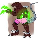  1:1 4_fingers abs anthro bottomwear brown_body brown_scales claws clothing cybernetic_limb cybernetic_tail dinosaur dorsal_fin fin fingers green_body green_tail imperatorcaesar male mouth_closed muscular muscular_anthro muscular_male pecs pink_bottomwear pink_clothing pupils reptile scales scalie simple_background slit_pupils solo standing teeth white_claws 