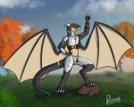  2022 anthro armor claws clothing digital_drawing_(artwork) digital_media_(artwork) dragon glowing glowing_eyes glowing_markings grey_body horn male markings membrane_(anatomy) membranous_wings nude orange_eyes rainingrush revet scalie simple_background sky solo spread_wings tan_body white_claws white_spikes wings 