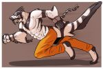  anthro black_body black_stripes black_tail bottomwear chain clothing cuff_(restraint) dorsal_fin fin fish grin imperatorcaesar male marine markings orange_bottomwear orange_clothing orange_pants pants restraints running shackles shadow shark sharp_teeth side_view simple_background smile solo striped_back striped_markings striped_tail stripes tail_markings teeth white_body white_tail 