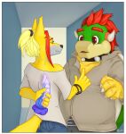  anthro border bowser canid canine canis clothed clothing dildo dodger_akame_(character) duo gift hi_res koopa male male/male mammal mario_bros moche nintendo reptile scalie sex_toy turtle video_games white_border wolf 