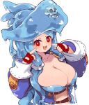  1girl blue_hair blue_headwear blue_pupils collarbone creature creature_on_head fingerless_gloves fingers_to_cheeks frills gloves hat highres long_hair mota open_mouth original pirate pirate_hat red_eyes red_gloves skull sleeves_past_wrists slime_(creature) solo 