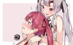  2girls :d bangs blush bracelet grey_hair hair_ornament hair_ribbon hands_on_another&#039;s_shoulders highres hololive houshou_marine jewelry koubou_(cowbow_kun) multicolored_hair multiple_girls nakiri_ayame red_eyes red_hair ribbon smile streaked_hair tearing_up twintails virtual_youtuber x_hair_ornament 