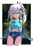  1girl absurdres bare_shoulders cocoablue23 cowboy_shot elf genshin_impact green_eyes hair_ornament highres hug looking_at_viewer nahida_(genshin_impact) pointy_ears school_swimsuit side_ponytail smile swimsuit symbol-shaped_pupils thighs wet white_hair 