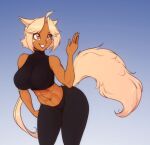  abs animal_humanoid bent_over bottomwear breasts clothed clothing ear_piercing ear_ring eyebrow_through_hair eyebrows eyelashes female hair hi_res humanoid inner_ear_fluff midriff orange_eyes pants piercing ring_piercing scorpdk short_hair smile solo translucent translucent_hair tuft 