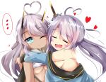  ... 2girls :t absurdres ahoge azur_lane bangs black_sailor_collar blue_eyes blue_shirt blush breasts closed_eyes dark-skinned_female dark_skin furisuku_(gerbera) hair_between_eyes heart heart_ahoge highres hug indianapolis_(azur_lane) large_breasts long_hair medium_breasts multiple_girls off_shoulder one_eye_closed open_mouth portland_(azur_lane) purple_hair sailor_collar shirt siblings siscon sisters smile spoken_ellipsis underboob upper_body very_long_hair white_bandeau 