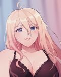  1girl antenna_hair bangs bare_shoulders black_bra blue_eyes blurry blurry_background bra breasts cheer_(cheerkitty14) collarbone danganronpa_(series) danganronpa_v3:_killing_harmony hair_between_eyes highres indoors iruma_miu large_breasts long_hair parted_lips shiny shiny_hair shiny_skin smile solo teeth underwear 