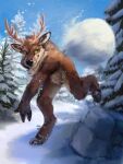  2020 3_fingers antlers cervid detailed_background digitigrade fingers hi_res hooved_fingers hooves horn male mammal neketo nude on_one_leg outside snow snowball solo standing throwing_object 