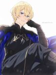  1boy bangs black_gloves blonde_hair blue_cape blue_eyes cape closed_mouth commentary_request dimitri_alexandre_blaiddyd fire_emblem fire_emblem:_three_houses garreg_mach_monastery_uniform gloves hair_between_eyes highres looking_at_viewer male_focus sephikowa simple_background solo twitter_username white_background 