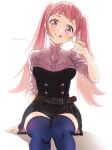  1girl :q bangs blue_thighhighs blunt_bangs blush breasts commentary_request fire_emblem fire_emblem:_three_houses garreg_mach_monastery_uniform highres hilda_valentine_goneril long_hair looking_at_viewer medium_breasts pink_eyes pink_hair pointing pointing_at_self sephikowa shadow simple_background sitting smile solo thighhighs tongue tongue_out twintails twitter_username white_background 