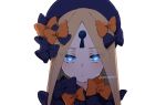  1girl abigail_williams_(fate) bangs black_bow black_headwear blonde_hair blue_eyes blush bow breasts citron80citron fate/grand_order fate_(series) forehead glowing glowing_eyes hair_bow hat keyhole long_hair looking_at_viewer multiple_bows orange_bow parted_bangs polka_dot polka_dot_bow small_breasts solo 