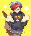  1girl backpack bag bangs black_hoodie blue_hair blush brown_bag closed_mouth commentary cowboy_shot eevee glasses hands_in_pockets highres hood hoodie inioli legwear_under_shorts multicolored_hair pantyhose penny_(pokemon) poke_ball_print pokemon pokemon_(game) pokemon_sv red_hair round_eyewear see-through see-through_skirt shiny shiny_hair shorts shorts_under_skirt skirt star_(symbol) themed_object two-tone_hair yellow_background 