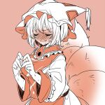  1girl blush breasts closed_eyes commentary_request embarrassed fox_tail full-face_blush hat heart heart_hands kitsune kyuubi large_breasts long_sleeves mob_cap multiple_tails short_hair solo sweat sweating_profusely tabard tail touhou unkmochi yakumo_ran 