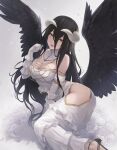  1girl albedo_(overlord) black_hair black_wings breasts demon_girl demon_horns feathered_wings flower highres horns long_hair looking_at_viewer natsume_yochiki open_mouth overlord_(maruyama) playing_with_own_hair rose smile solo wings yellow_eyes 