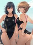  2girls ass black_hair breasts brown_hair collarbone competition_swimsuit day green_eyes grin highres kantai_collection kasumi_(skchkko) large_breasts long_hair looking_at_viewer multiple_girls mutsu_(kancolle) nagato_(kancolle) one-piece_swimsuit outdoors red_eyes short_hair smile swimsuit two-tone_swimsuit wet 