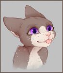  2022 anthro blep digital_media_(artwork) domestic_cat felid feline felis fur grey_background grey_body grey_fur hi_res mammal pink_nose pink_tongue purple_eyes simple_background solo spots spotted_body spotted_fur tongue tongue_out white_body white_fur white_spots yshanii 