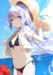  1girl bangs bikini bikini_under_clothes black_bikini blue_eyes blue_hair blue_sky blurry blurry_foreground blush breasts cloud collared_shirt commentary_request day depth_of_field dress_shirt flower front-tie_bikini front-tie_top gochuumon_wa_usagi_desu_ka? hair_between_eyes hair_ornament hand_on_headwear hand_up hat highres horizon kafuu_chino kouda_suzu long_hair looking_at_viewer navel ocean open_clothes open_shirt outdoors parted_lips red_flower shirt side-tie_bikini sky small_breasts solo straw_hat swimsuit very_long_hair water white_shirt x_hair_ornament 