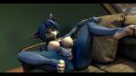  2022 3d_(artwork) anthro blue_body blue_ears blue_fur blue_hair breasts canid canine claws digital_media_(artwork) female fingering fox fur furniture genitals green_eyes hair hi_res hindpaw krystal lying mammal markings masturbation multicolored_body multicolored_ears multicolored_fur nintendo nipples on_back pawpads paws pillow pussy silvarus sofa solo spread_legs spreading star_fox tattoo underass video_games white_body white_fur white_inner_ear window 