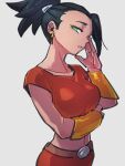  1girl belt black_hair breasts crop_top dragon_ball dragon_ball_super earrings green_eyes grey_background jewelry kale_(dragon_ball) kemachiku midriff parted_lips ponytail red_shirt shirt sideways_glance simple_background solo upper_body 