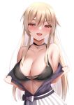 1girl :d bare_shoulders black_bra black_choker black_shirt blonde_hair blush bra breasts choker cleavage furen_e_lustario hair_between_eyes highres large_breasts long_hair looking_at_viewer nijisanji open_clothes open_mouth open_shirt paid_reward_available red_eyes shirt shirt_tucked_in skirt smile solo tatsumiya_kagari two-tone_bow underwear undressing very_long_hair virtual_youtuber white_background white_skirt 