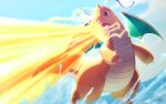  brown_eyes claws commentary_request day dragonite energy_beam looking_down naoki_eguchi no_humans open_mouth outdoors pokemon pokemon_(creature) sky solo splashing water 