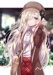  1girl absurdres bag bangs beret blonde_hair blue_eyes blurry blurry_background blush brown_coat brown_headwear bush closed_mouth coat collared_shirt commentary_request cowboy_shot hair_ornament hair_over_one_eye hand_in_own_hair hand_up handbag hat highres isekai_joucho kamitsubaki_studio leaf letterboxed long_hair long_sleeves looking_at_viewer one_eye_covered open_clothes open_coat open_hands outdoors pleated_skirt red_skirt shirt shirt_tucked_in skirt sleeves_past_wrists smile solo standing tirudo29 very_long_hair white_shirt wing_collar zipper_pull_tab 