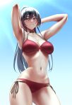  1girl armpits arms_behind_head arms_up bikini black_hair breasts cleavage highres idolmaster idolmaster_shiny_colors light_rays looking_at_viewer medium_breasts multi-strapped_bikini navel outdoors ponytail red_bikini shirase_sakuya side-tie_bikini smile solo sunlight suwa763 swimsuit 