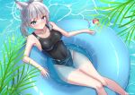  1girl animal_ear_fluff animal_ears armpits bare_arms bare_legs bare_shoulders black_swimsuit blue_archive blue_eyes breasts caustics covered_navel extra_ears fox_ears from_above grey_hair highres holding innertube large_breasts maru.selinn mismatched_pupils one-piece_swimsuit ponytail shiroko_(blue_archive) shiroko_(swimsuit)_(blue_archive) solo swimsuit thighs tropical_drink water wet 