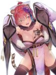  1girl :d absurdres animal_ears bangs blush body_writing breasts cleavage detached_collar fake_animal_ears fur_trim hair_between_eyes hair_ribbon highres hololive houshou_marine japanese_clothes kimono koubou_(cowbow_kun) large_breasts long_hair long_sleeves looking_at_viewer pelvic_curtain ponytail purple_kimono red_eyes red_hair ribbon simple_background sleeves_past_fingers sleeves_past_wrists smile solo standing tail tassel thighhighs tiger_ears tiger_tail virtual_youtuber white_background yellow_eyes 