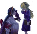  2girls absurdres arm_up back_bow bangs belt bird black_ribbon blonde_hair blue_hair book bow bowtie braid butterfly_hair_ornament butterfly_wings closed_mouth collared_dress colored_skin covering_eyes crying crystal dress fingernails fischl_(genshin_impact) flower genshin_impact grey_dress grey_kimono hair_between_eyes hair_flower hair_ornament hair_ribbon hand_up highres japanese_clothes jewelry kimono long_fingernails long_hair long_sleeves looking_at_another looking_up multicolored_hair multiple_girls nail_polish open_mouth pink_bow pink_bowtie ponytail puffy_long_sleeves puffy_sleeves purple_belt purple_dress purple_eyes purple_flower purple_hair purple_nails purple_skin raiden_shogun red_belt red_bow reki_(user_rcrd4534) ribbon ring short_ponytail side_ponytail simple_background sitting standing teeth white_background white_belt white_flower wide_sleeves wings yellow_eyes 