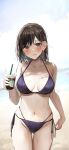  1girl bangs bikini black_hair blurry blurry_background blush breasts brown_eyes cleavage collarbone cowboy_shot cup disposable_cup drink highres holding holding_cup large_breasts looking_at_viewer medium_hair mole mole_on_breast navel original outdoors parted_lips purple_bikini rouka_(akatyann) side-tie_bikini starbucks swimsuit wet 