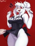  absurd_res anthro big_breasts bodily_fluids bovid breasts caprine cleavage clothed clothing female fur genital_fluids genitals goat goat_lucifer_(helltaker) helltaker hi_res mammal pussy pussy_juice sophiathedragon white_body white_fur 