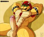  abs absurd_res anthro armband armpit_hair balls big_balls big_penis bodily_fluids body_hair bowser chest_hair chest_tuft erection genital_fluids genitals hair hi_res horn kirlanlion koopa leaking_precum looking_at_viewer male mario_bros muscular muscular_male nintendo pecs penis precum pubes red_hair scales scalie solo spiked_armband spikes text tuft url video_games yellow_body yellow_scales 
