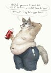  2020 anthro belly_overhang beverage bottomwear boxers_(clothing) canid canine cettus clothing corsac_fox denim denim_clothing dialogue digital_drawing_(artwork) digital_media_(artwork) eating food fox hand_behind_head hi_res jeans looking_at_viewer love_handles male mammal moobs multicolored_body obese obese_anthro obese_male overweight overweight_anthro overweight_male pants simple_background soda soda_bottle solo stretch_marks torn_clothing two_tone_body underwear whiskers white_background 