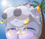  absurd_res anthro areola bandai_namco beach belly big_belly big_breasts blush breasts clothing digimon digimon_(species) female genitals hi_res huge_breasts looking_down myriadmood navel nipples nude overweight overweight_female plump_labia pussy seaside small_bikini solo thick_thighs wardrobe_malfunction weregarurumon 