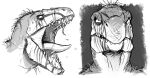  anthro bodily_fluids dinosaur dripping facial_stripes greyscale imperatorcaesar male monochrome mouth_closed narrowed_eyes open_mouth reptile saliva saliva_drip scalie screaming sharp_teeth solo teeth 