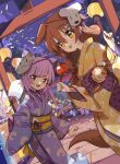  2girls :d :p aerial_fireworks animal_ears bangs blue_kimono blush bone_hair_ornament brown_eyes brown_hair cartoon_bone cat_ears cat_girl cat_mask cat_tail character_mask closed_mouth commentary_request dog_ears dog_girl dog_mask dog_tail fang fireworks hair_between_eyes hair_ornament highres hololive hoso-inu inugami_korone japanese_clothes kimono long_sleeves looking_at_viewer mask mask_on_head multiple_girls nekomata_okayu night night_sky obi outdoors purple_hair red_eyes sash shadowsinking sky smile summer_festival tail tongue tongue_out torii virtual_youtuber wide_sleeves yellow_kimono 