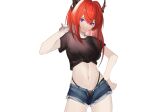  1girl alternate_costume arknights black_panties black_shirt blue_shorts breasts closed_mouth cowboy_shot crop_top cutoffs denim denim_shorts eugle_na front-tie_top hand_on_hip hand_up highleg highleg_panties highres horns large_breasts long_hair looking_at_viewer midriff multi-strapped_panties navel negative_space open_fly panties ponytail purple_eyes red_hair shirt short_shorts short_sleeves shorts simple_background smile solo standing stomach string_panties surtr_(arknights) thighs underwear white_background 