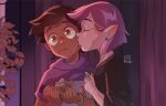  2girls absurdres amity_blight animal artist_name brown_hair dark-skinned_female dark_skin ear_piercing eye_contact highres holding holding_animal kiss kissing_cheek looking_at_another luz_noceda multiple_girls piercing purple_hair spoilers sunatixd the_owl_house yuri 