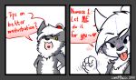  2015 anthro black_nose blush canid canine canis canisfidelis dialogue english_text eyebrow_through_hair eyebrows grey_body hair handjob_gesture hands_on_own_hips hi_res humor looking_at_viewer male mammal multicolored_body okami_wolf open_mouth simple_background solo speech_bubble teeth text tongue tongue_out translucent translucent_hair two_tone_body white_body white_hair wolf 