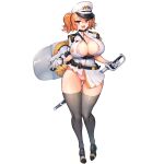  1girl :3 ass_visible_through_thighs between_breasts black_thighhighs bra breasts cerberus_(last_origin) cleavage epaulettes full_body game_cg gloves hair_between_eyes hat highres huge_breasts jacket last_origin looking_at_viewer mole mole_under_eye official_art orange_hair panties peaked_cap pink_bra pink_panties pleated_skirt red_eyes shield short_hair short_twintails sima_(startwitch) skirt solo strap_between_breasts striped striped_bra striped_panties sword tachi-e thigh_gap thighhighs transparent_background twintails two_side_up underwear weapon white_gloves white_jacket 