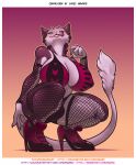  2022 anthro bra breasts clothed clothing crouching fishnet fishnet_armwear fishnet_legwear footwear gynomorph hi_res high_heels intersex james_howard legwear sergal simple_background skimpy solo underwear 