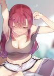  1girl absurdres armpits arms_up bangs bare_arms barefoot blush breasts cleavage closed_mouth commentary_request dolphin_shorts grey_tank_top hair_between_eyes highres hololive houshou_marine koubou_(cowbow_kun) large_breasts long_hair looking_away midriff one_eye_closed red_eyes red_hair short_shorts shorts sitting solo strap_slip stretching stylus tablet_pc tank_top virtual_youtuber white_shorts 