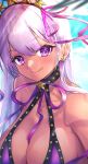  1girl absurdres akai_ame bangs bare_shoulders bb_(fate) bb_(swimsuit_mooncancer)_(fate) bb_(swimsuit_mooncancer)_(second_ascension)_(fate) bikini blush breasts cleavage collarbone fate/grand_order fate_(series) hair_ornament highres large_breasts long_hair looking_at_viewer purple_bikini purple_eyes purple_hair purple_ribbon ribbon smile solo star_(symbol) star_hair_ornament swimsuit tan 