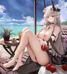  1girl apple arknights arm_strap bangs barefoot beach black_choker black_nails blush breasts cake cake_slice choker cleavage closed_mouth feet flower food fruit full_body grey_hair hair_flower hair_ornament highres horns jewelry large_breasts long_hair looking_at_viewer mudrock_(arknights) mudrock_(silent_night)_(arknights) nail_polish necklace nipples official_alternate_costume outdoors pointy_ears red_eyes ru_zhai sitting sky solo thighs toes topless water 
